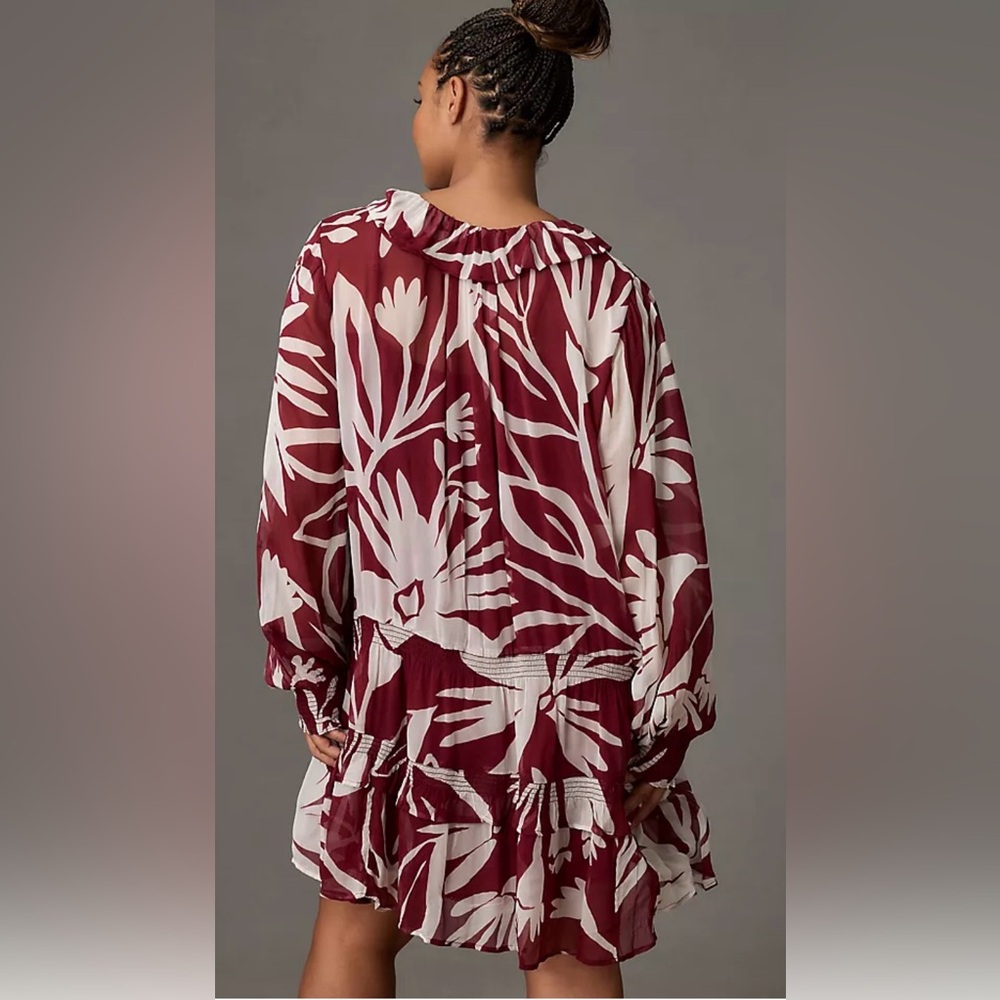 Anthropologie Marais Chiffon Mini Dress w/ ruffled skirt. Maroon, white. L-XL - Picture 4 of 15